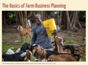 The Basics of Farm Business Planning with photo of person holding bucket surrounded by goats.